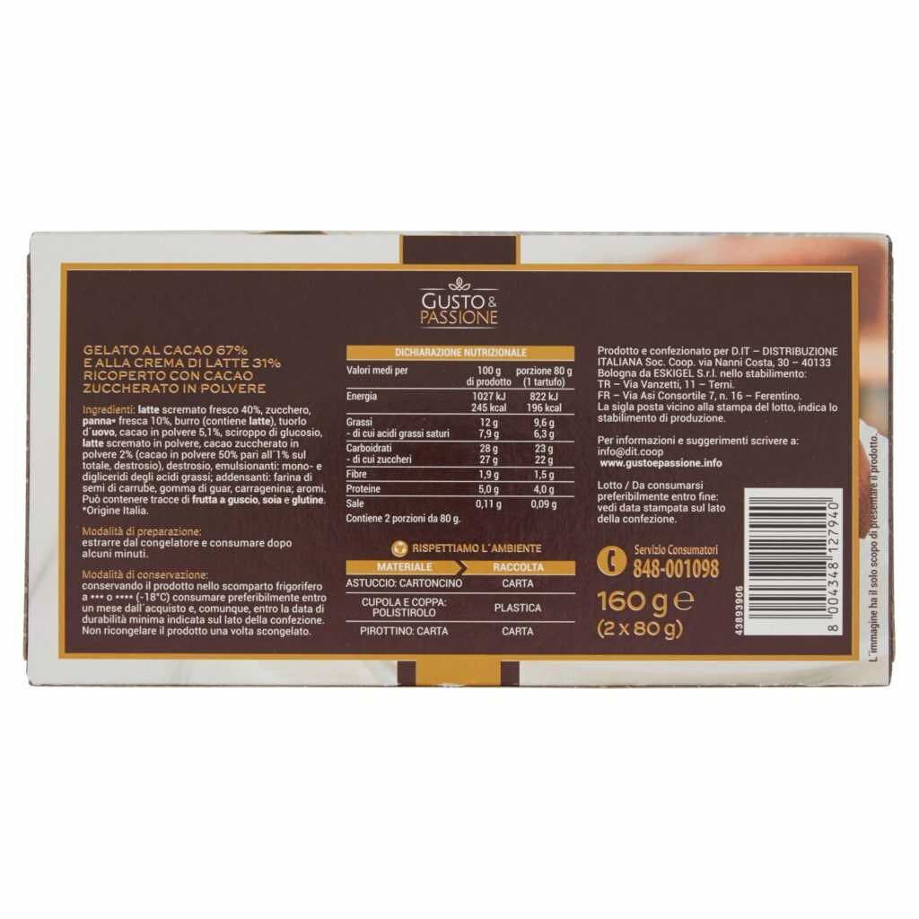 Gusto & Passione Tartufo Nero al Cacao e Crema di Latte 2 x 80 g