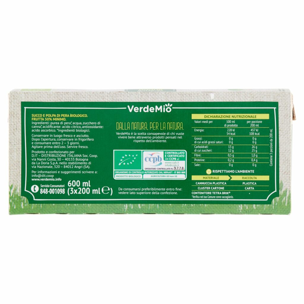 VerdeMio Succo e Polpa di Pera biologico 3 x 200 ml
