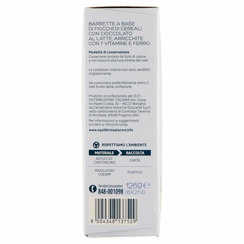 Equilibrio & Piacere Barrette di Cereali con Cioccolato al Latte 126 g