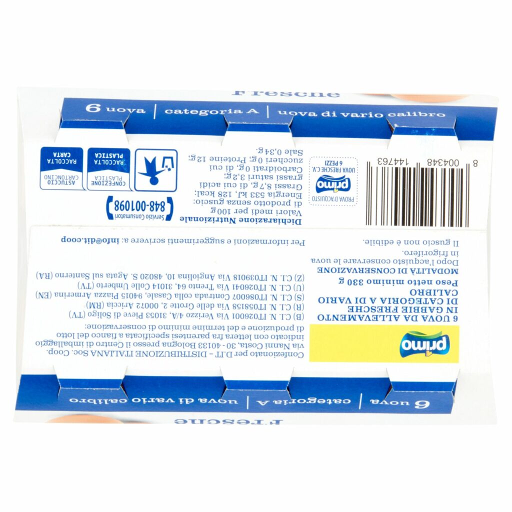 Primo Uova Fresche 6 Uova Categoria A uova di vario calibro 330 g