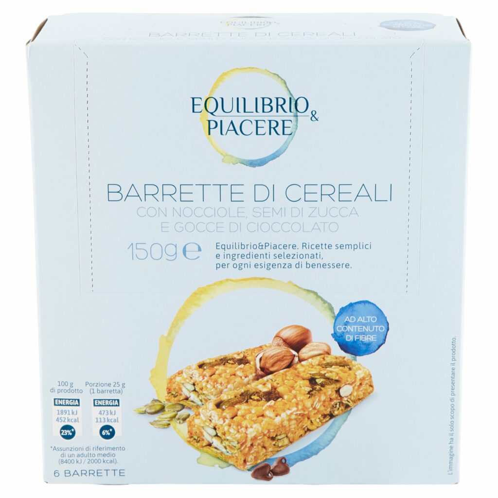 Equilibrio & Piacere Barrette di Cereali con Nocciole Semi di Zucca e Gocce di Cioccolato 6 x 25 g
