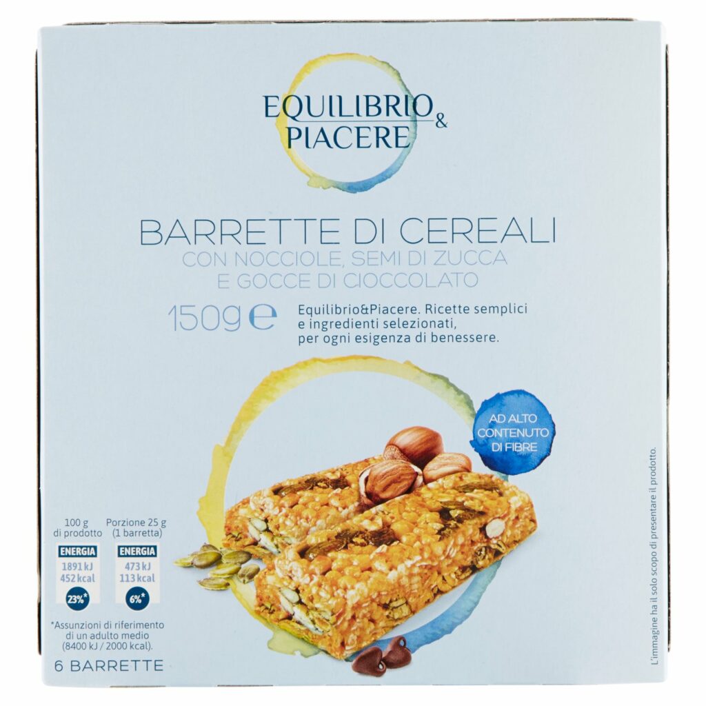 Equilibrio & Piacere Barrette di Cereali con Nocciole Semi di Zucca e Gocce di Cioccolato 6 x 25 g
