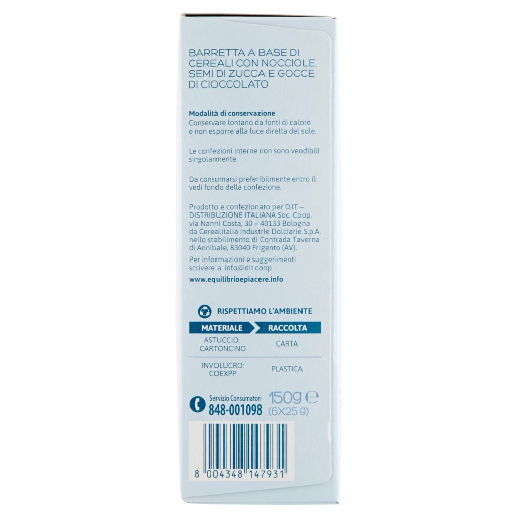 Equilibrio & Piacere Barrette di Cereali con Nocciole Semi di Zucca e Gocce di Cioccolato 6 x 25 g