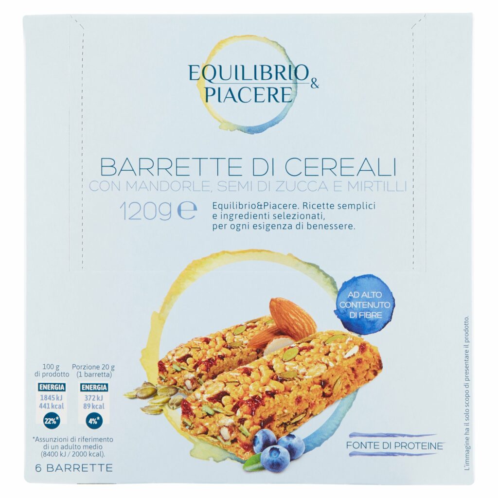 Equilibrio & Piacere Barrette di Cereali con Mandorle, Semi di Zucca e Mirtilli 6 x 20 g