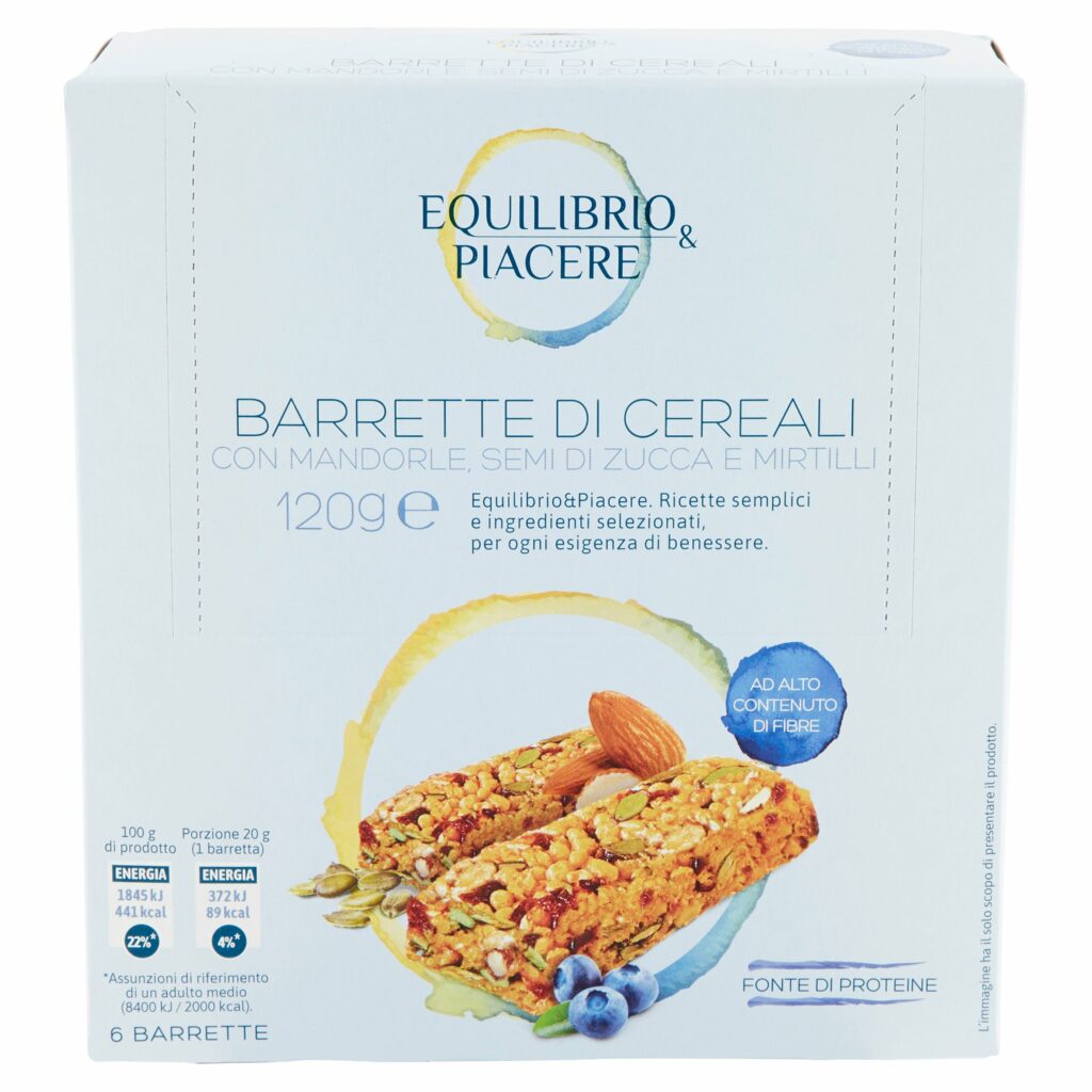 Equilibrio & Piacere Barrette di Cereali con Mandorle, Semi di Zucca e Mirtilli 6 x 20 g