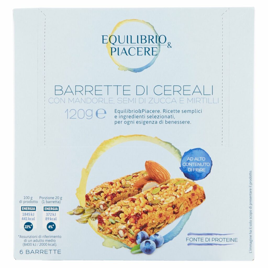 Equilibrio & Piacere Barrette di Cereali con Mandorle, Semi di Zucca e Mirtilli 6 x 20 g