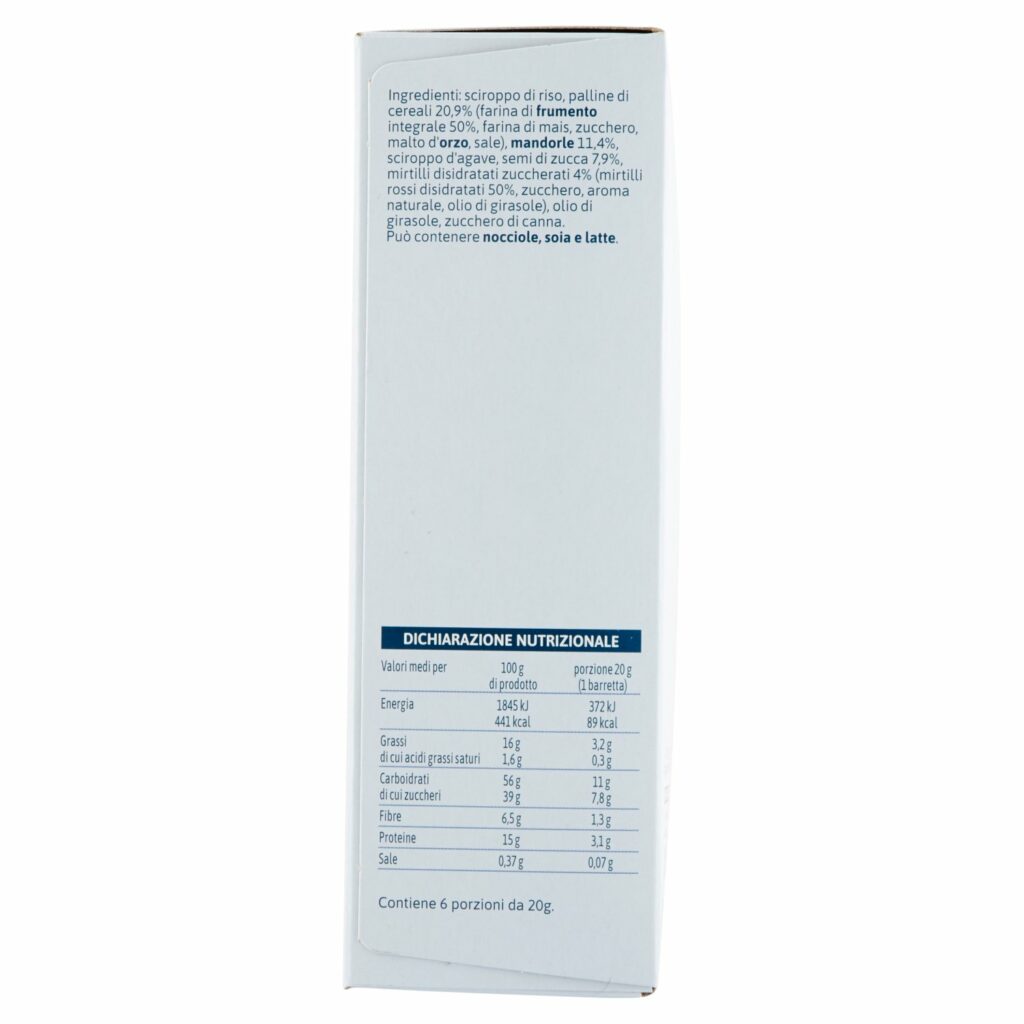 Equilibrio & Piacere Barrette di Cereali con Mandorle, Semi di Zucca e Mirtilli 6 x 20 g