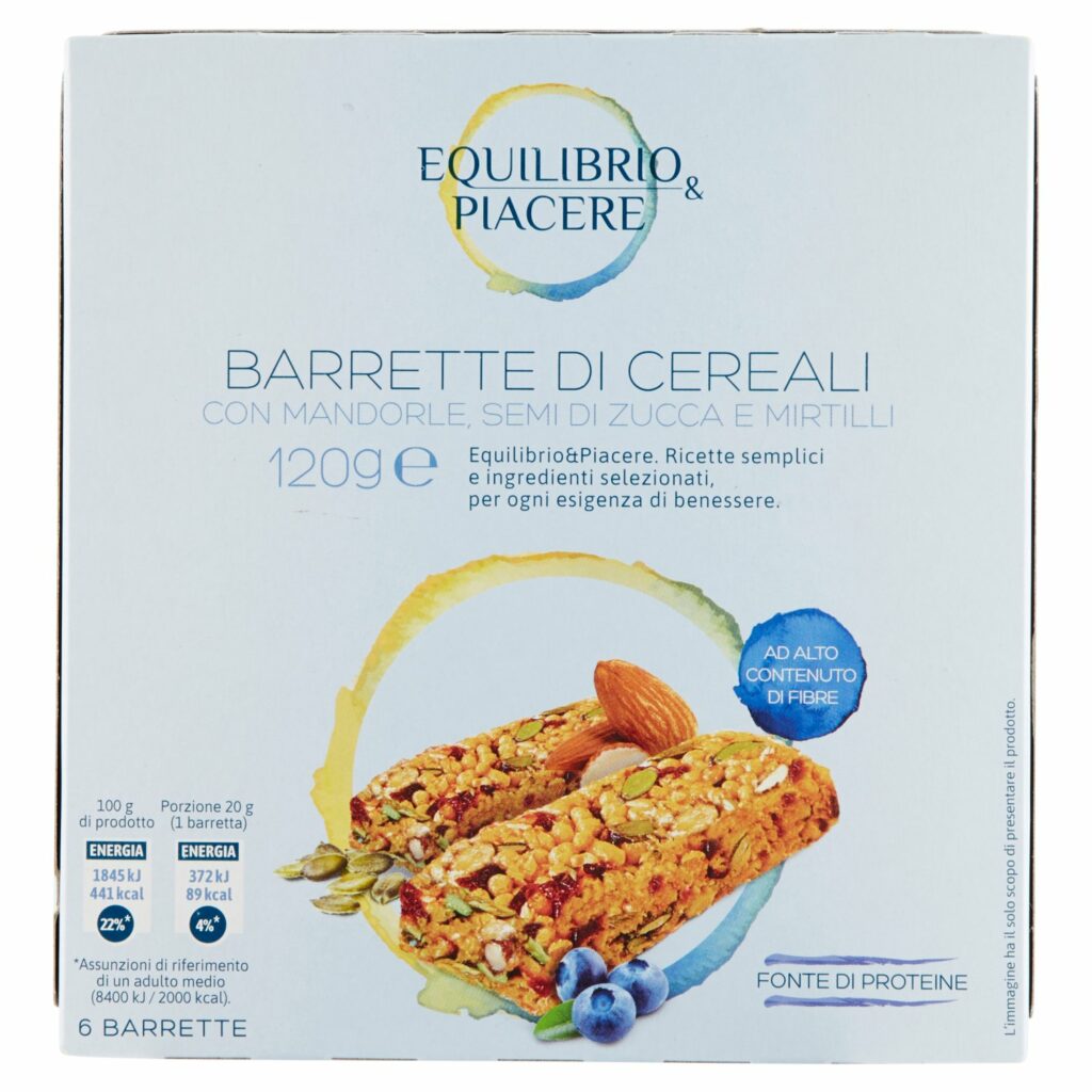 Equilibrio & Piacere Barrette di Cereali con Mandorle, Semi di Zucca e Mirtilli 6 x 20 g