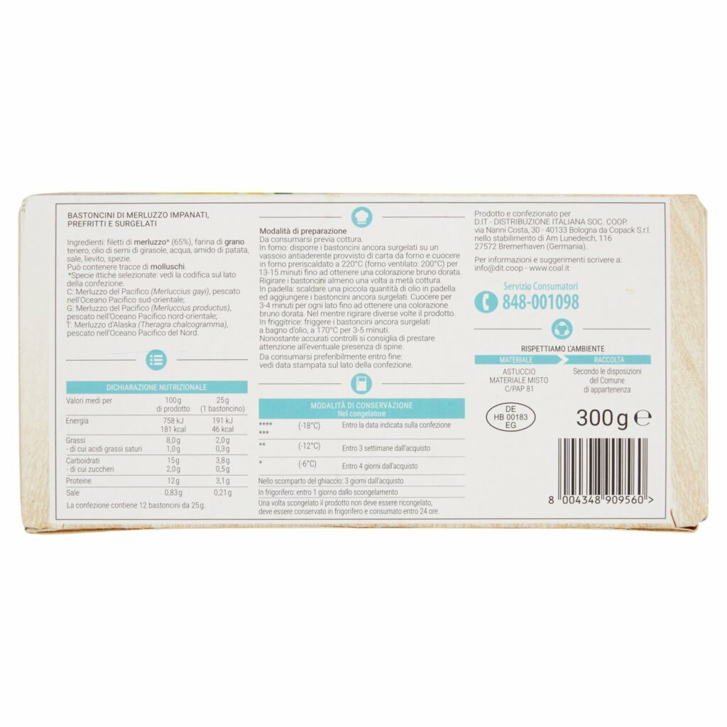 Coal Bastoncini di Merluzzo impanati e prefritti surgelati 12 x 25 g