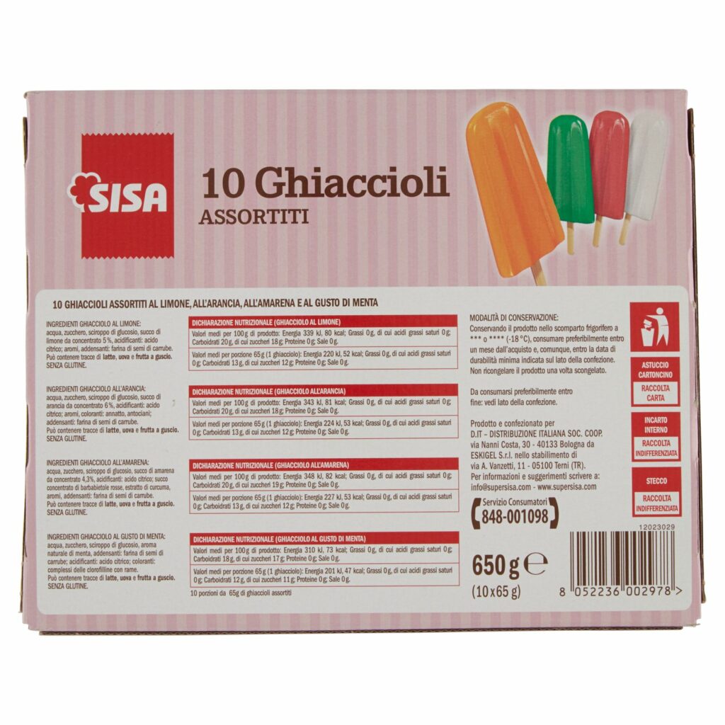Sisa Ghiaccioli Assortiti Limone, Amarena, Arancia, Gusto Menta 10 x 65 g