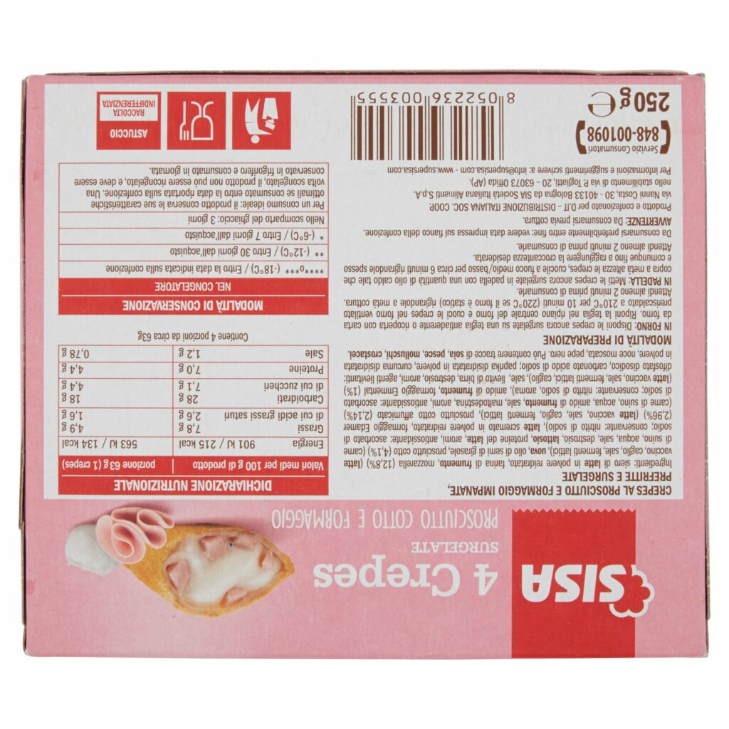 Sisa 4 Crepes Prosciutto e Formaggio Surgelate 4 x 63 g