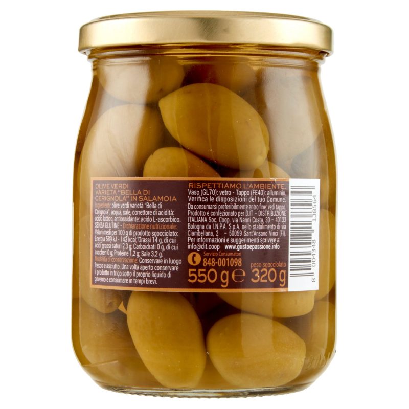 Gusto & Passione Olive Verdi Bella di Cerignola in Salamoia 550 g