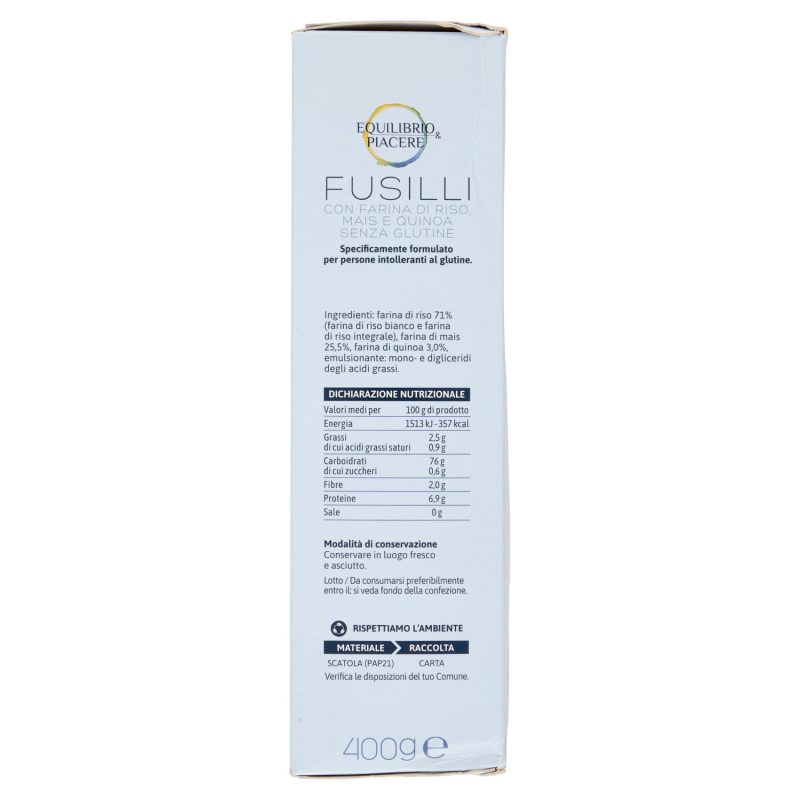 Equilibrio & Piacere Fusilli con Farina di Riso, Mais e Quinoa Senza Glutine 400 g