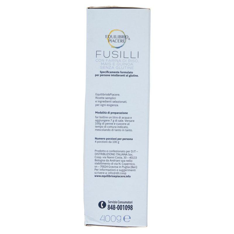 Equilibrio & Piacere Fusilli con Farina di Riso, Mais e Quinoa Senza Glutine 400 g