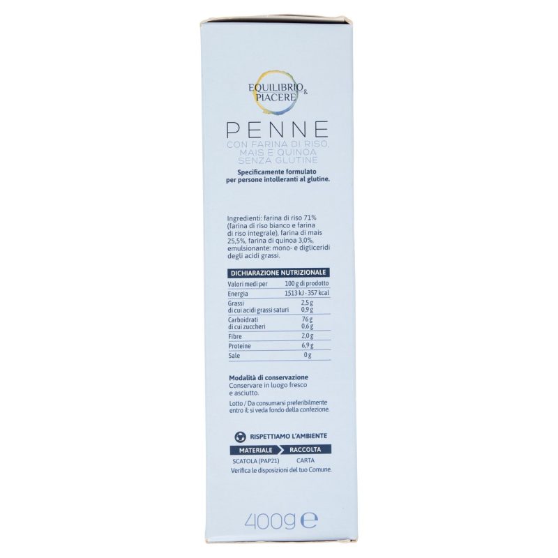 Equilibrio & Piacere Penne con Farina di Riso, Mais e Quinoa Senza Glutine 400 g