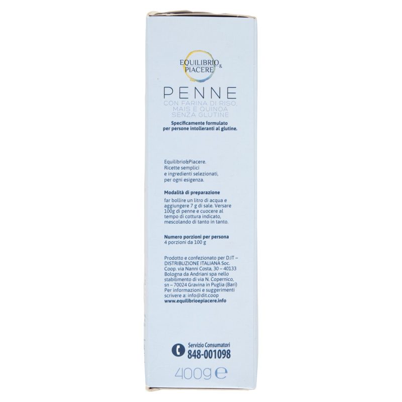 Equilibrio & Piacere Penne con Farina di Riso, Mais e Quinoa Senza Glutine 400 g