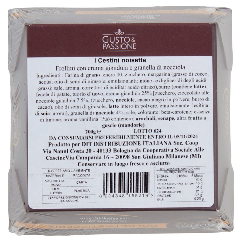 Gusto & Passione i cestini noisette Frollini con crema gianduia e granella di nocciola 200 g