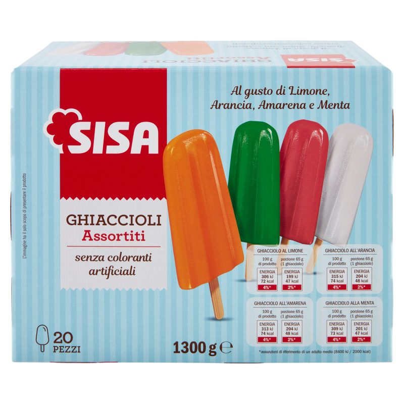 Sisa Ghiaccioli Assortiti al gusto di Limone, Arancia, Amarena e Menta 20 x 65 g