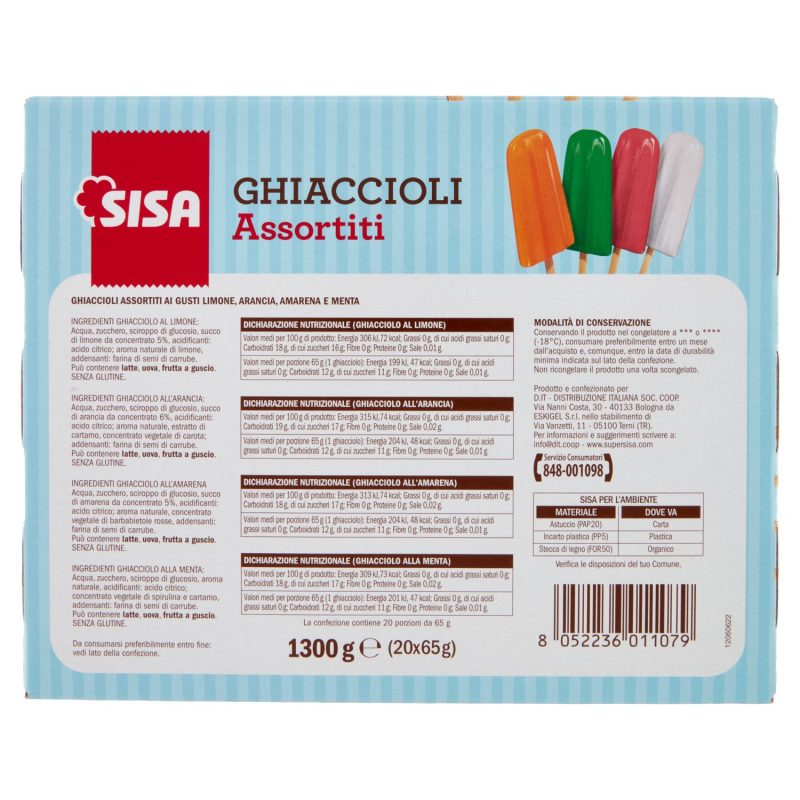 Sisa Ghiaccioli Assortiti al gusto di Limone, Arancia, Amarena e Menta 20 x 65 g