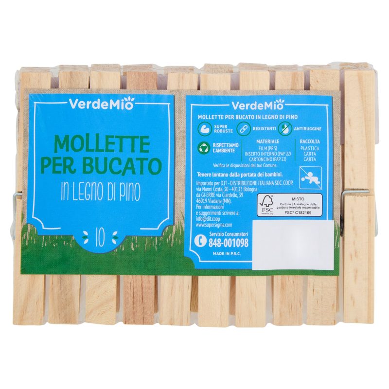 VerdeMio Mollette per Bucato in legno di Pino 10 pz