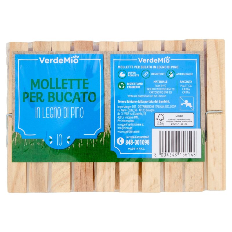 VerdeMio Mollette per Bucato in legno di Pino 10 pz