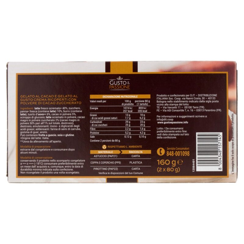 Gusto & Passione Tartufo Nero al Cacao e al Gusto Crema 2 x 80 g